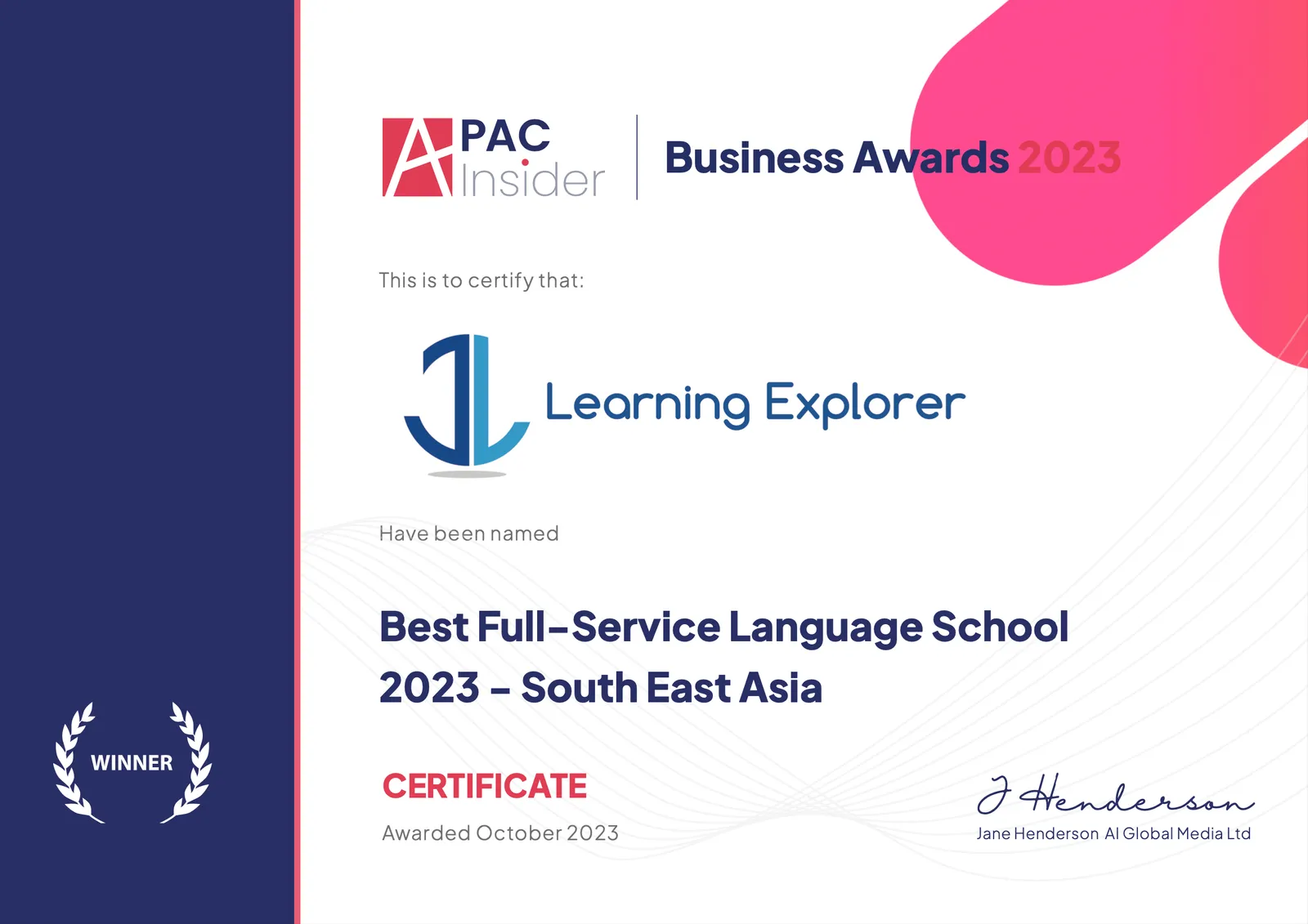 Best Full-Service Language School, South East Asia certificate