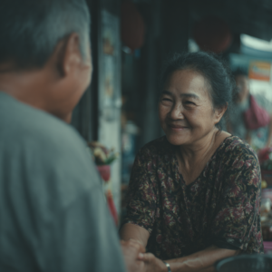 Respectful wai greeting demonstrating Thai culture and etiquette between younger and elder
