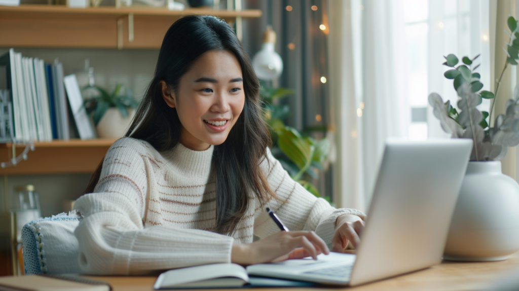 Smiling student taking notes in structured lesson with online Thai tutor