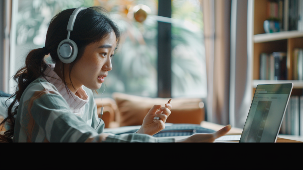 Smiling student taking notes in structured lesson with online Thai tutor