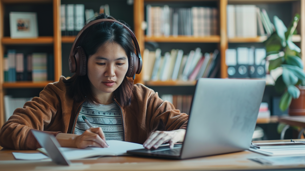 Adult learner with headphones studying Thai vocabulary with online Thai tutor