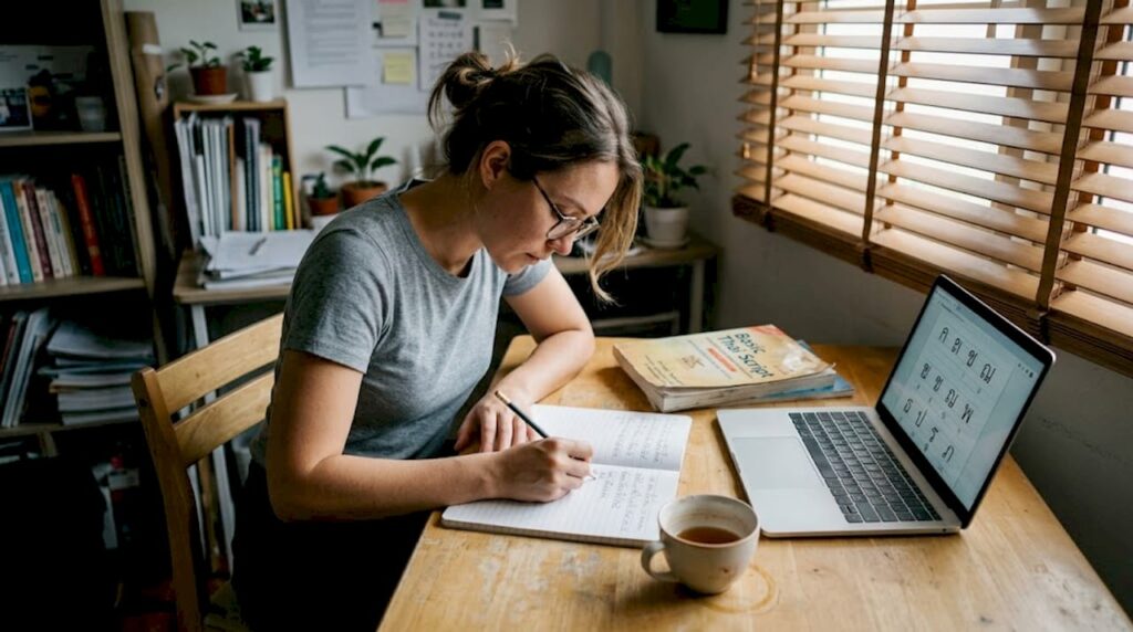 Young woman practicing Thai script at desk