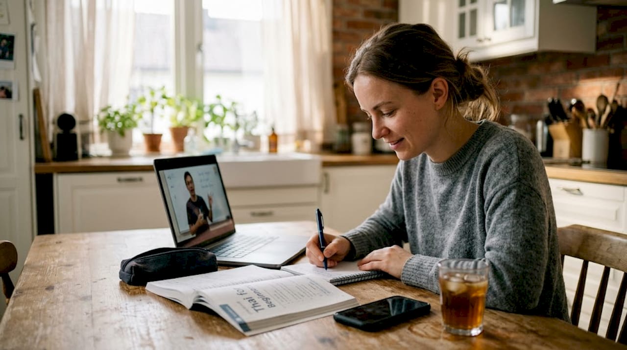 Woman studying Thai course at kitchen table