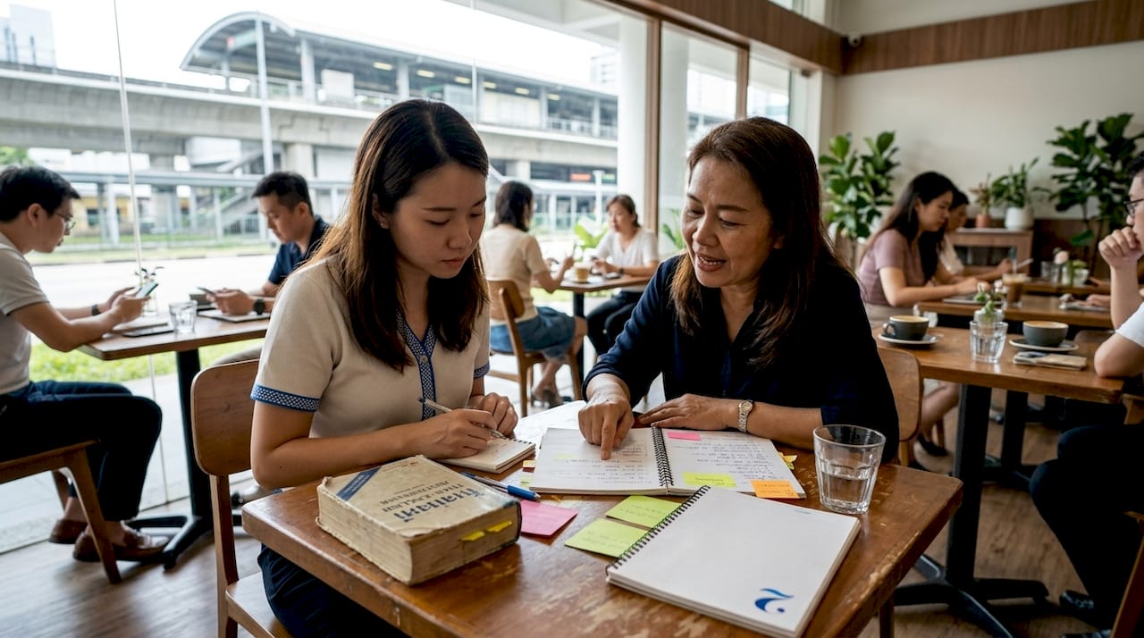 Student and tutor at table with language notes