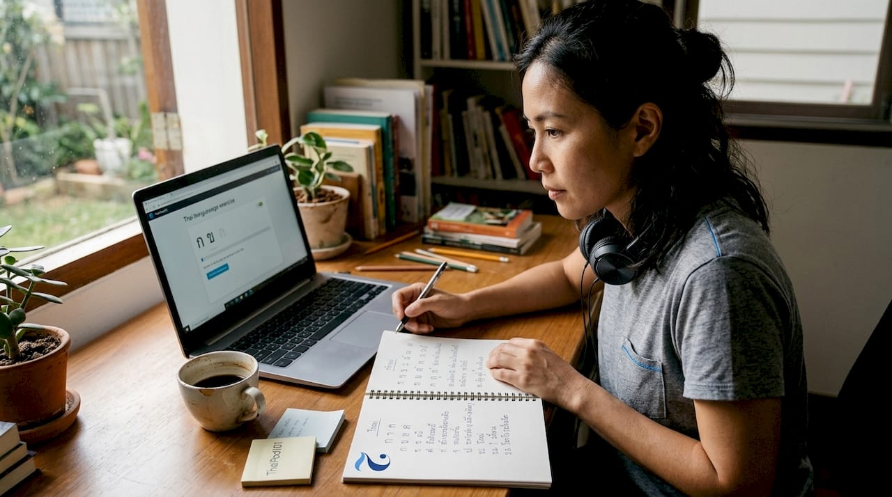 Woman studying Thai at home office desk