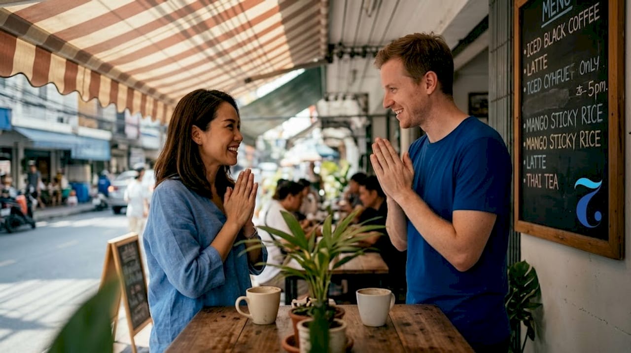 Friends exchanging Thai greeting at cafe