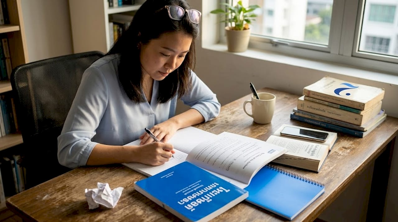 Person studying Thai at home workspace