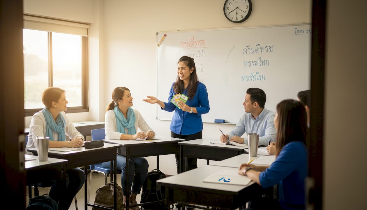 Teacher handing out Thai language cards in classroom