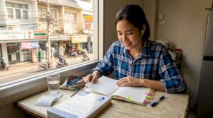 Student studying Thai language at kitchen table