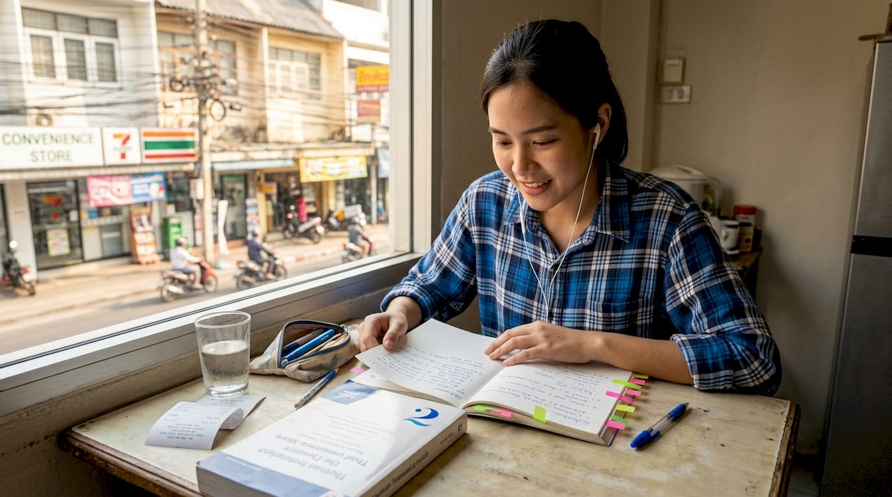Student studying Thai language at kitchen table
