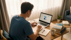 Student learning Thai online at home workspace