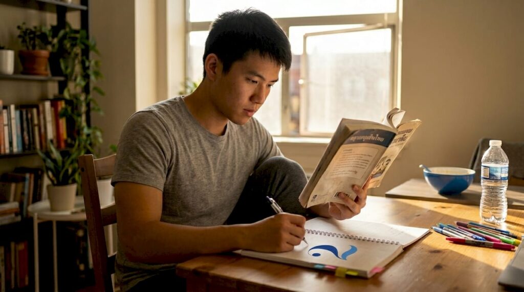 Young adult reading Thai script at home table