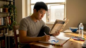 Young adult reading Thai script at home table