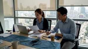 Thai and Singaporean colleagues review report together