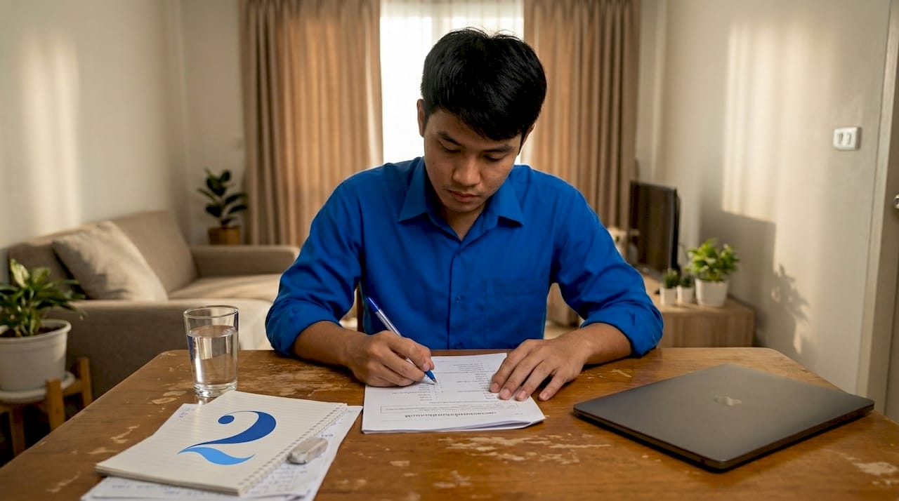 Person completing Thai language test booklet
