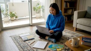 Woman practicing Thai with laptop at home