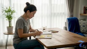Woman studying Thai language in apartment