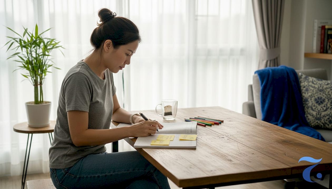 Woman studying Thai language in apartment