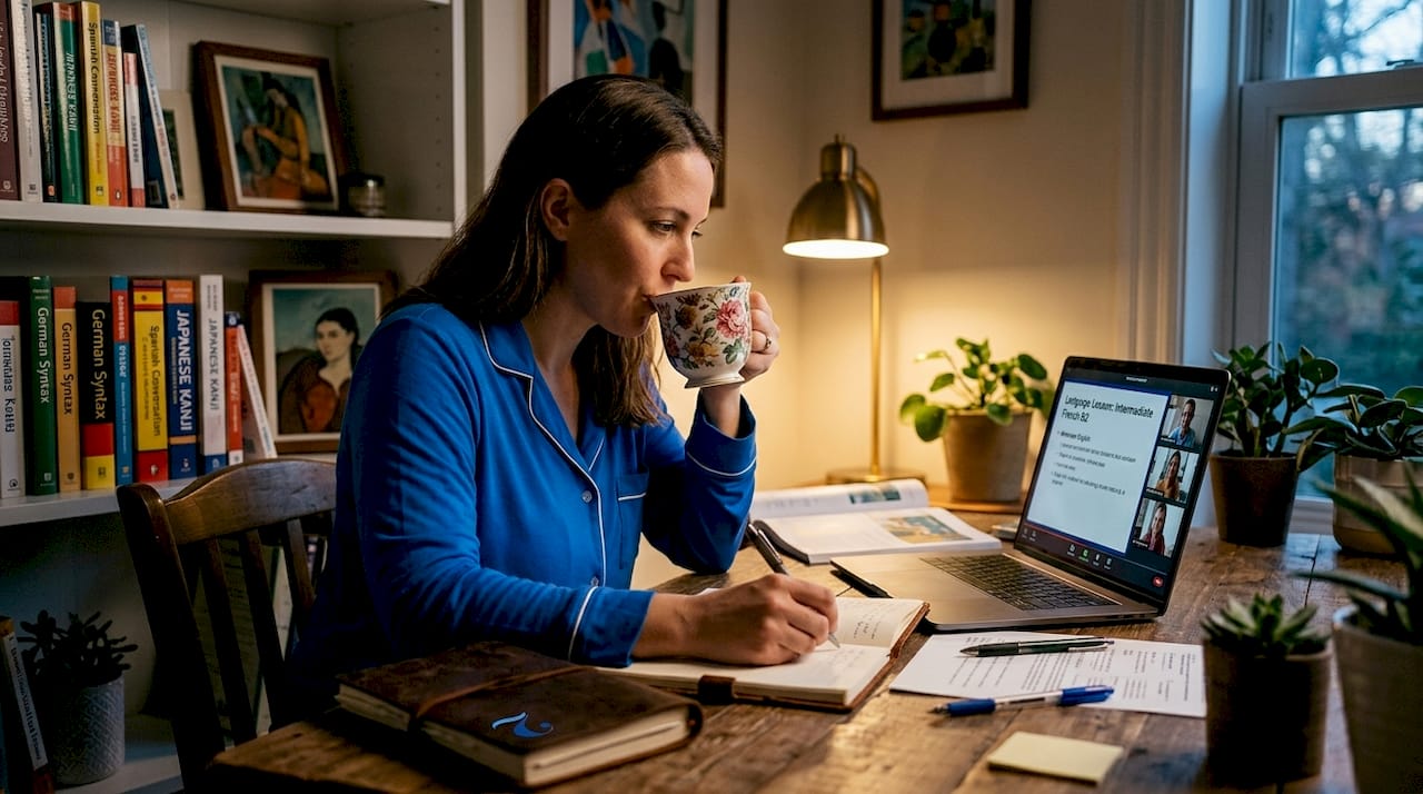 Woman learning language online at kitchen table