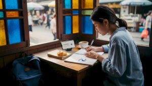 Traveler learning Thai in a Bangkok café