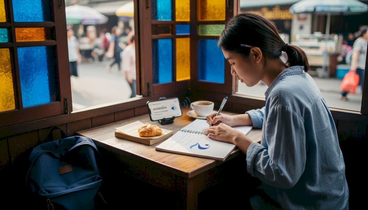 Traveler learning Thai in a Bangkok café