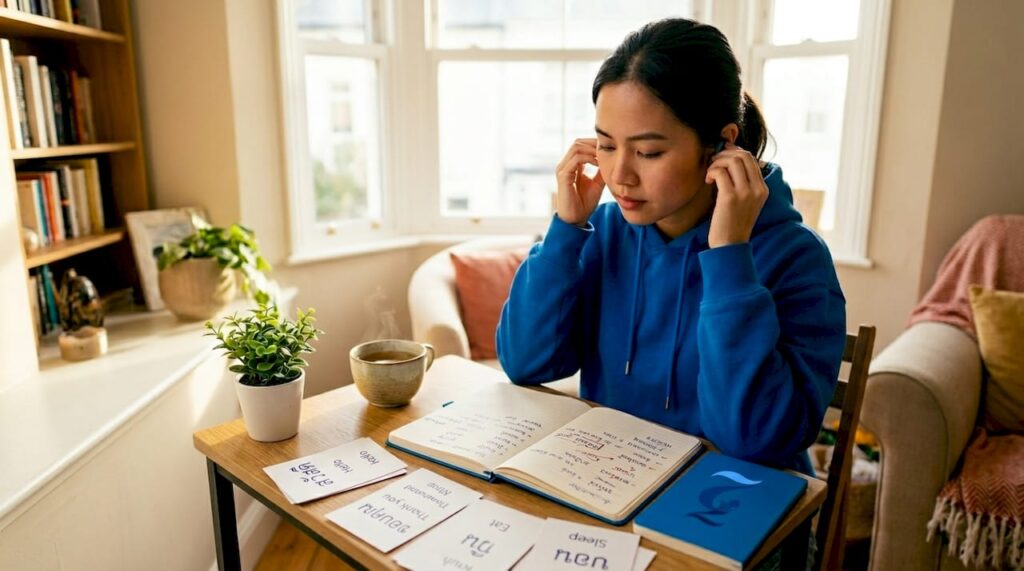 Woman studying Thai with flashcards at home
