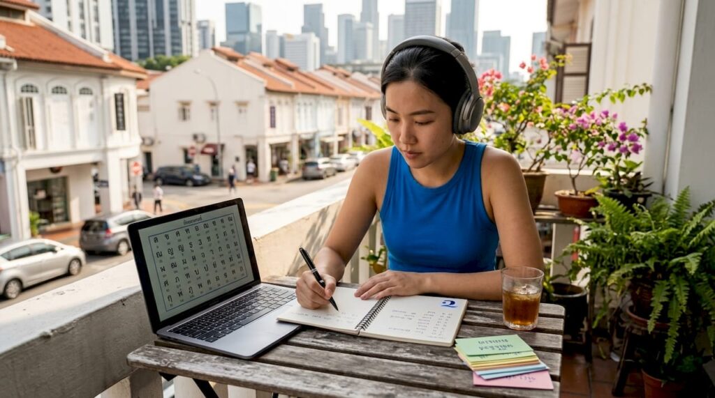 Student studying Thai alphabet at home table