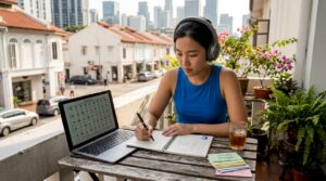 Student studying Thai alphabet at home table
