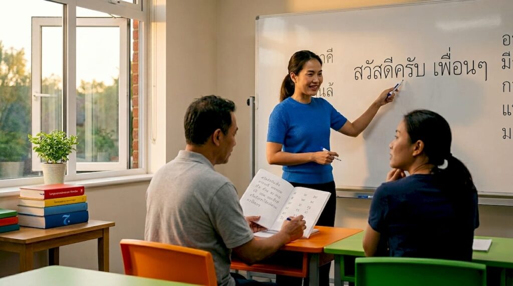 Thai teacher leading informal adult language class
