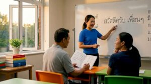 Thai teacher leading informal adult language class