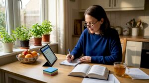 Woman learning Thai at home desk
