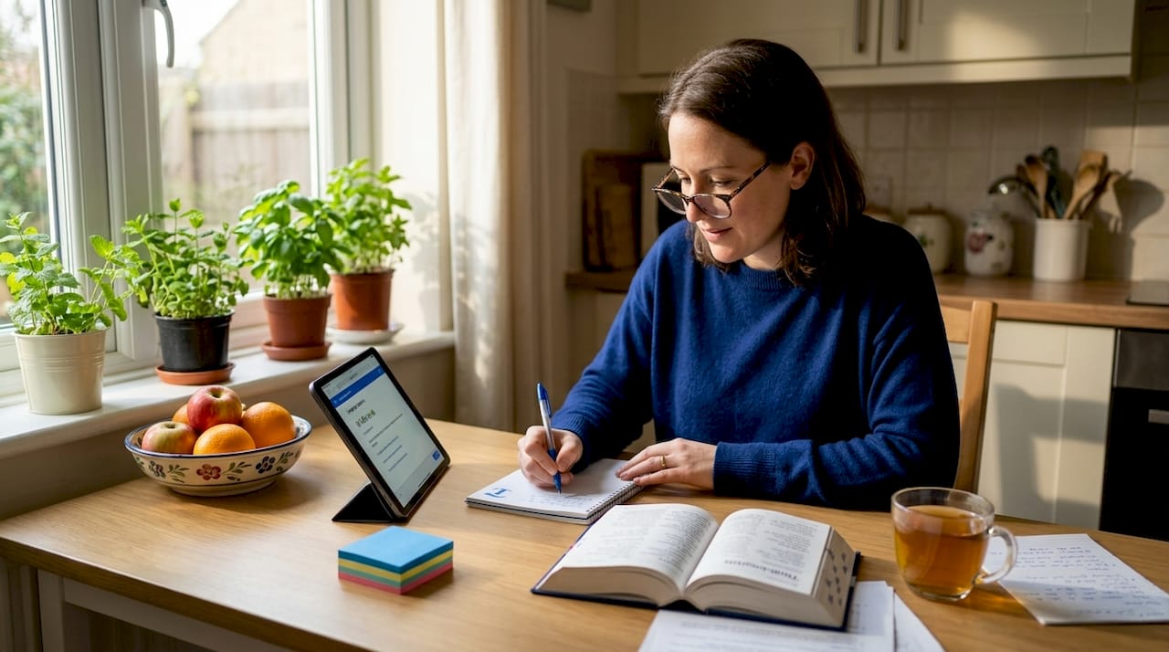 Woman learning Thai at home desk