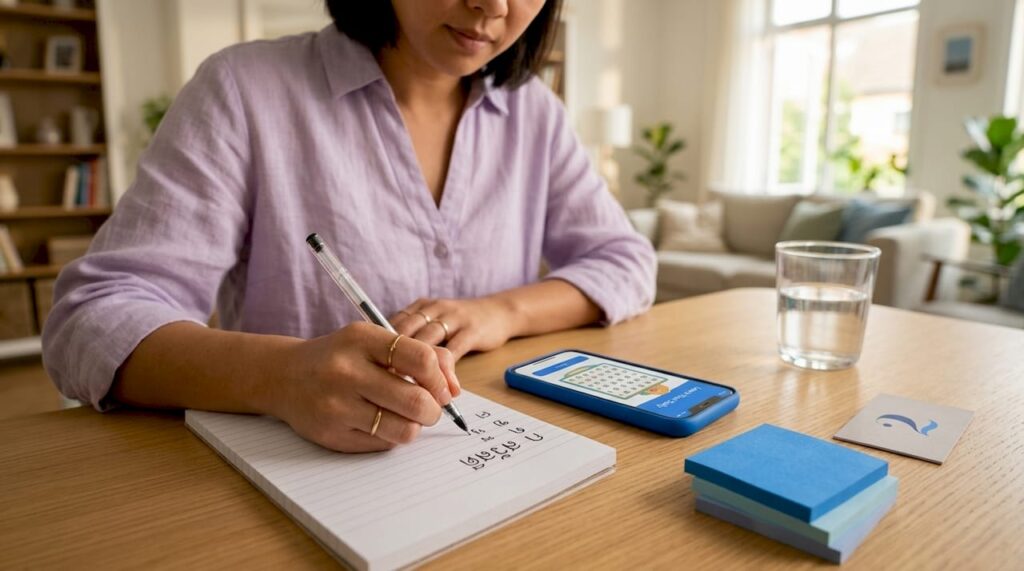 Adult learner practicing Thai script in home office