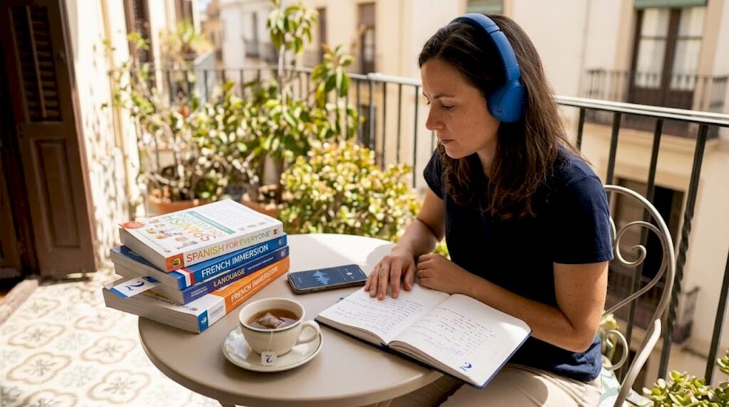 Adult woman practicing Thai listening at home