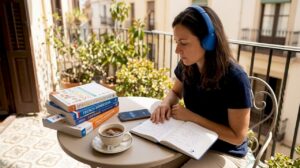 Adult woman practicing Thai listening at home