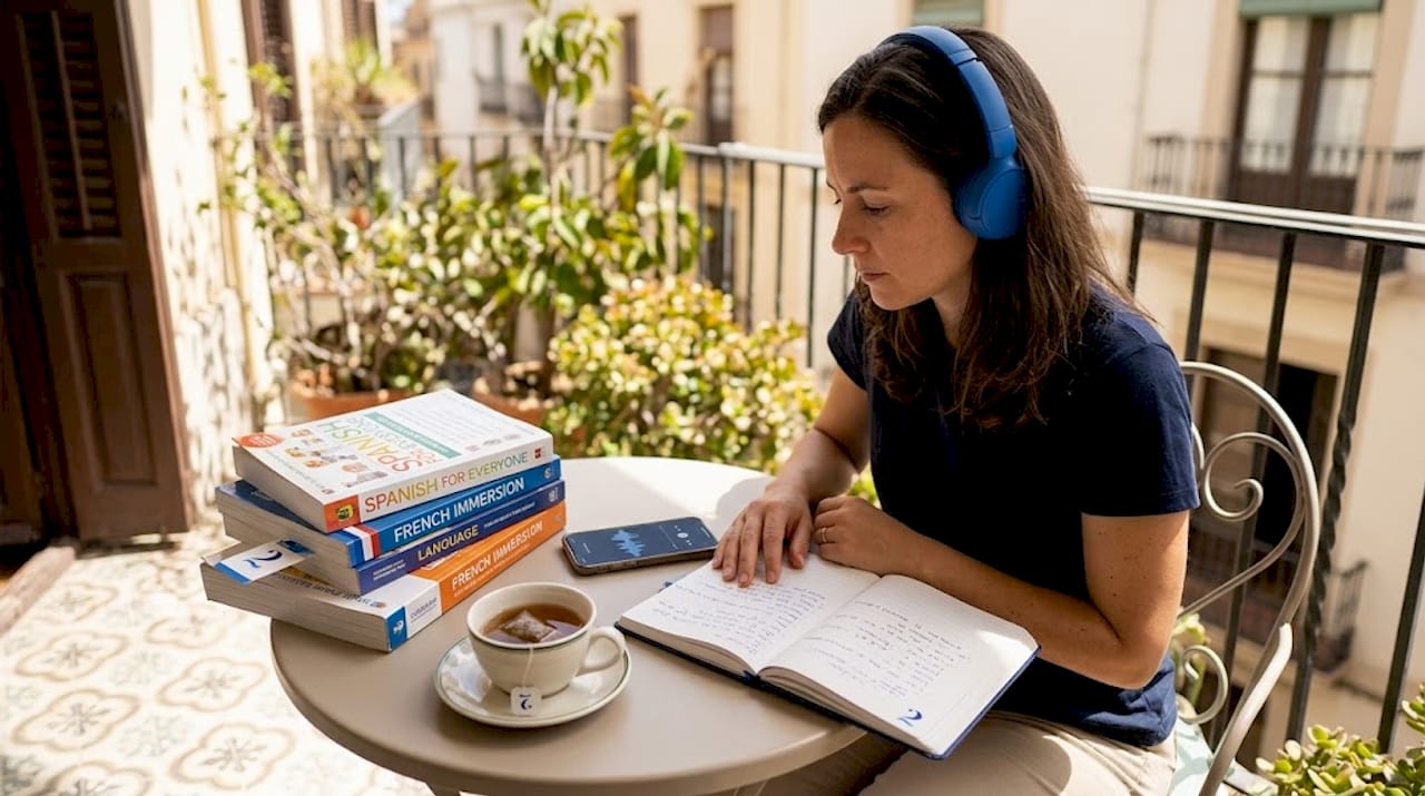 Adult woman practicing Thai listening at home