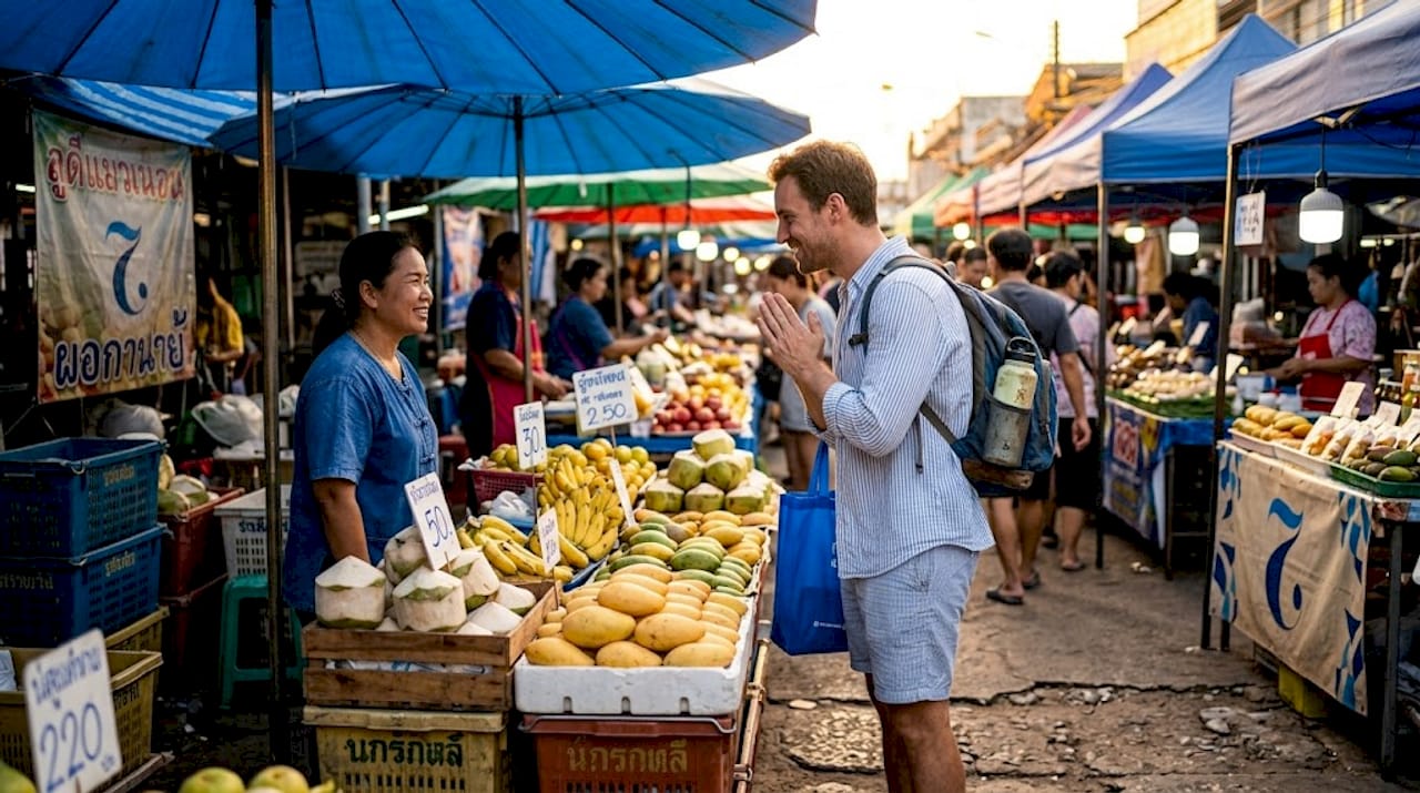Traveler giving wai in Thai street market