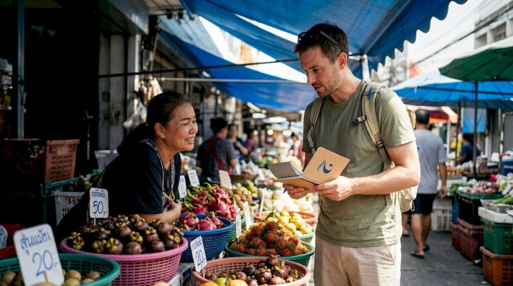 Traveler negotiating in Thai at a market