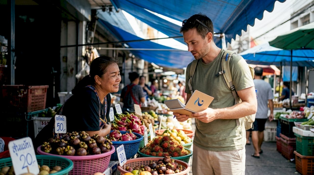Traveler negotiating in Thai at a market