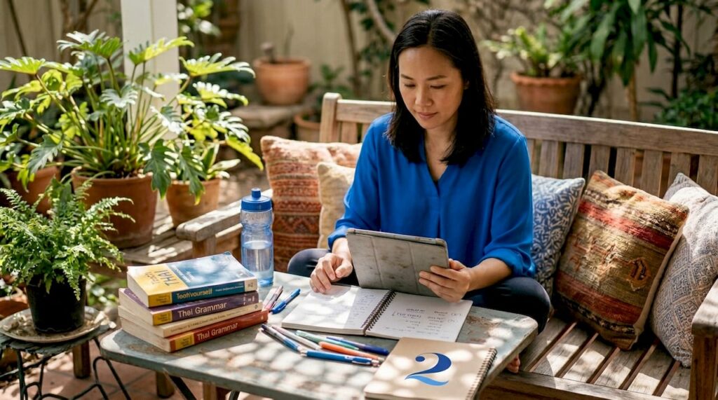 Woman studying Thai language at home