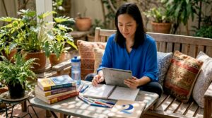 Woman studying Thai language at home