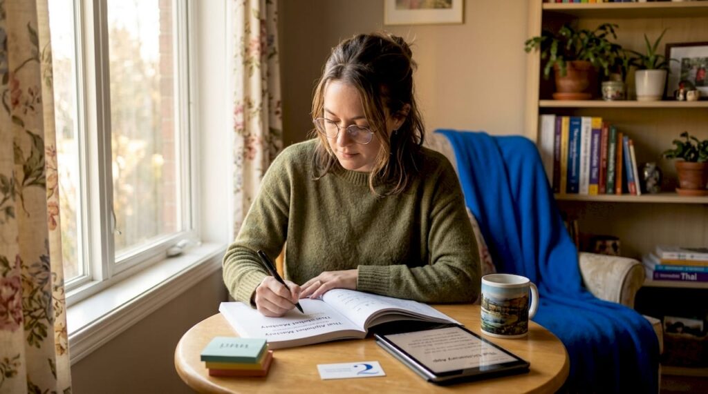 Adult studying Thai script at dining table