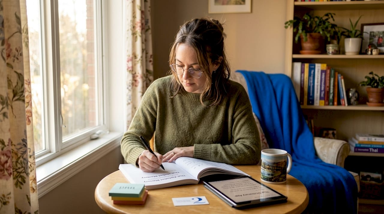 Adult studying Thai script at dining table