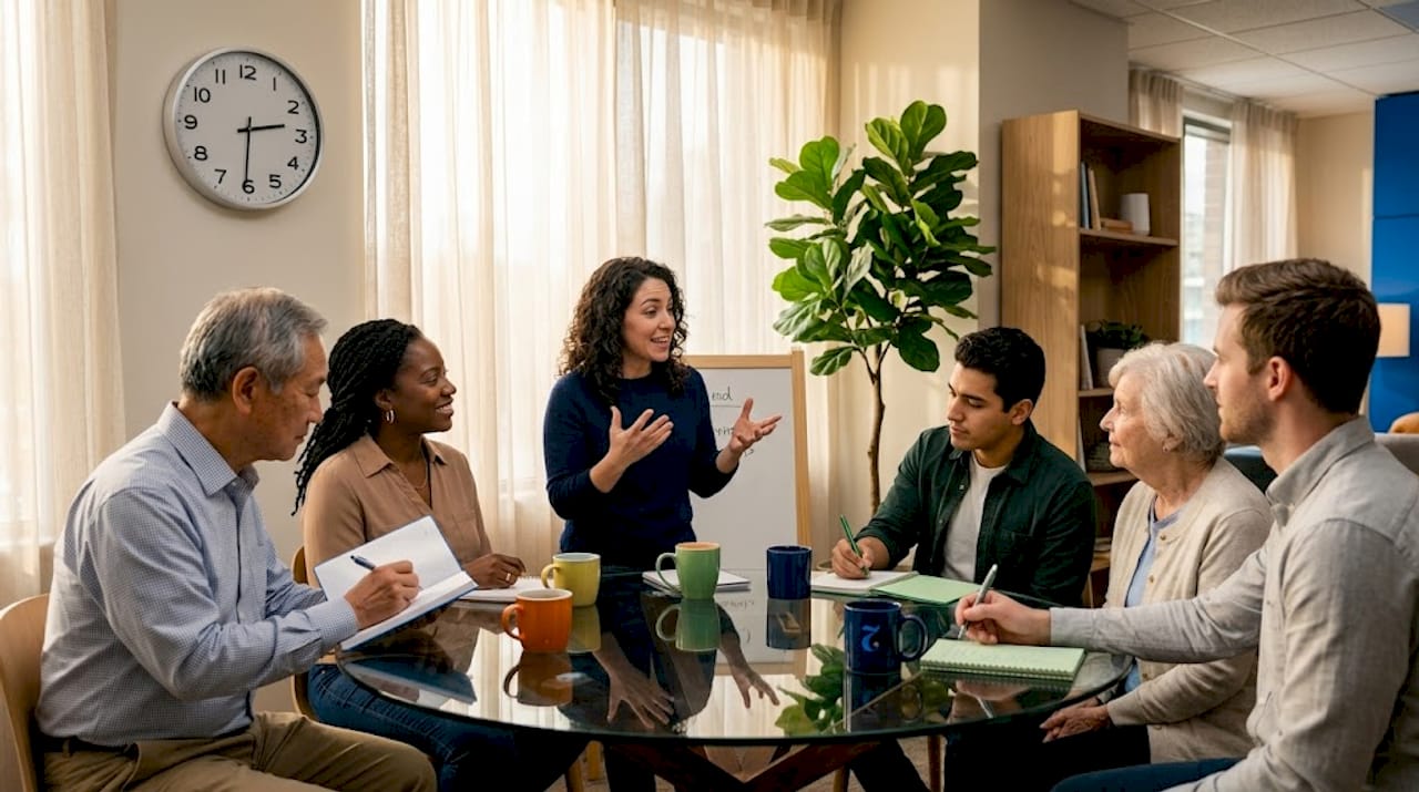 Adults in classroom group language discussion