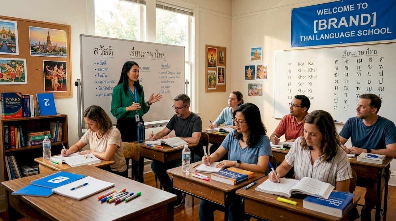 Thai instructor teaching adult learners classroom scene