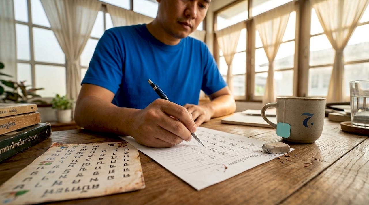 Adult tracing Thai consonants at kitchen table