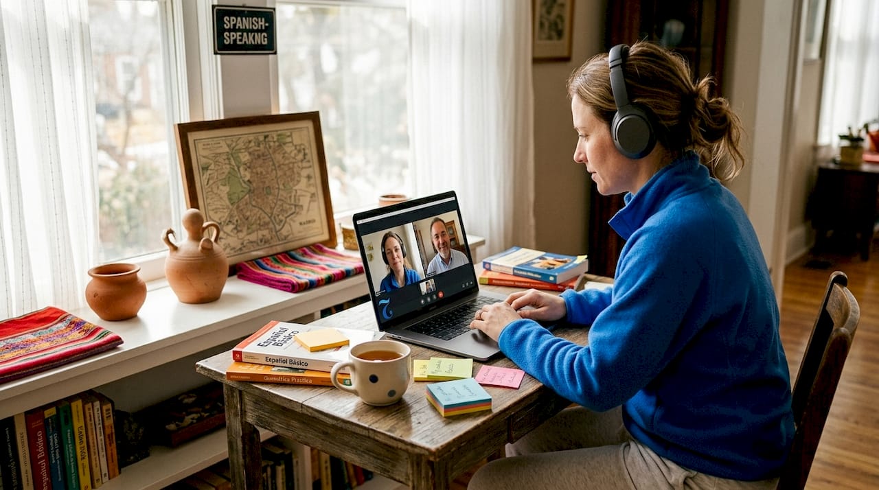 Woman practicing immersive language learning at home desk
