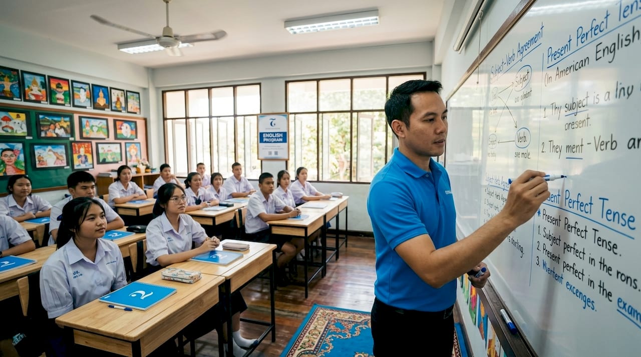 Thai teacher writing English on whiteboard