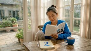 Adult learner reading Thai text at kitchen table