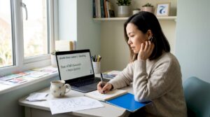 Adult female studying Thai language at home desk